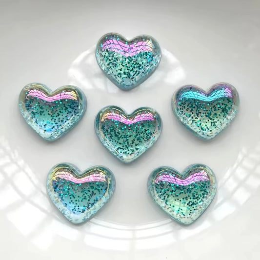 20mm Mermaid Aqua Sparkle Heart, Glue on, Resin Gem (Sold in Pairs) Resin Gems