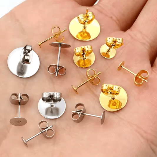 10mm Silver Stainless Steel Stud Earring Findings with backings *50 pairs with backings Basics