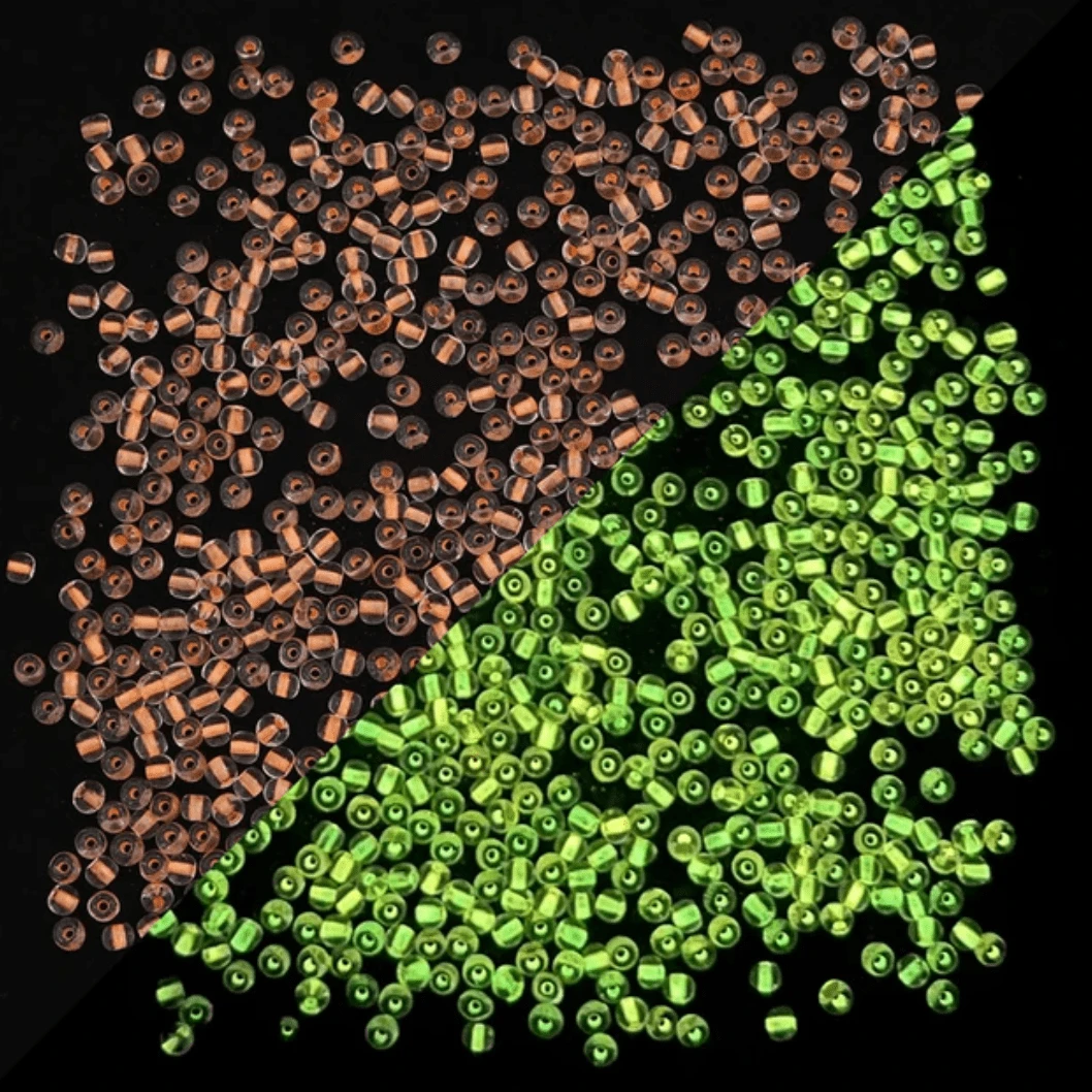 11/0 Japanese Seedbeads, GLOW IN DARK - Orange Neon Lined to Yellow GLOW 10g 11/0 TOHO Seed Beads