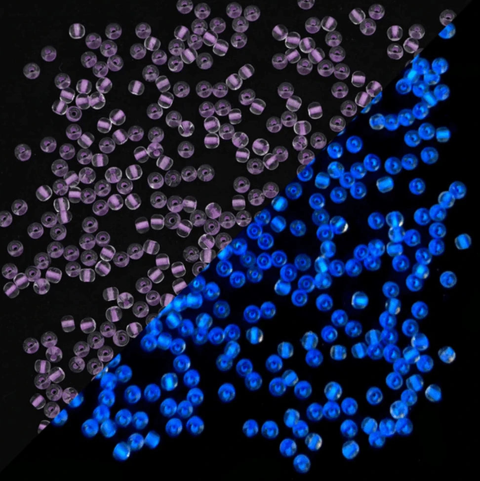 11/0 Japanese Seedbeads, GLOW IN DARK - Purple Neon Lined to Blue GLOW 10g 11/0 TOHO Seed Beads