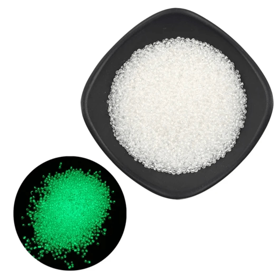 11/0 Japanese Seedbead, GLOW IN DARK - White Lined to Blue- Green GLOW 5 g 11/0 TOHO Seed Beads