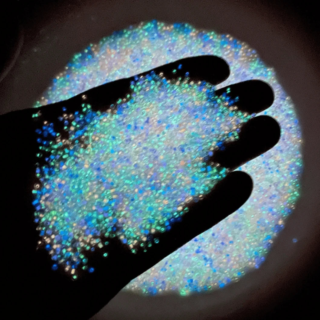 11/0 Japanese Seedbead, GLOW IN DARK - White Lined to Blue- Green GLOW 5 g 11/0 TOHO Seed Beads