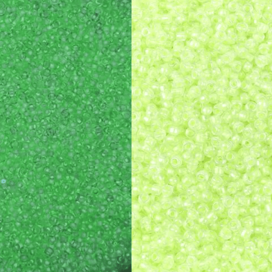 11/0 Japanese Seedbeads, GLOW IN DARK - Yellow Neon Lined to Green GLOW 10g 11/0 TOHO Seed Beads