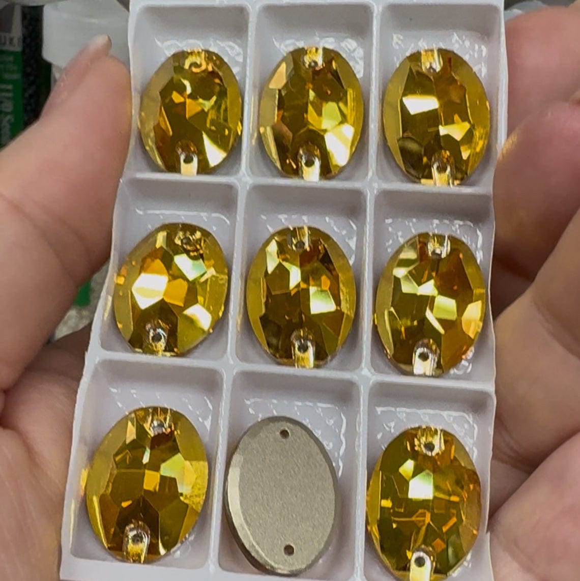 11*16mm Golden Oval, Sew on, Fancy Glass Gems (Sold in Pair) Fancy Glass Gems