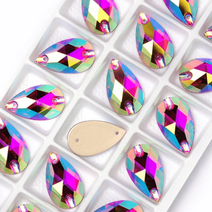 11*18mm Fuchsia Pink AB Teardrop High Quality, Sew on, Fancy Glass Gem (Sold in Pair) Glass Gems