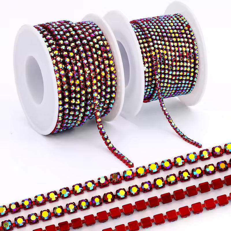 Ss12 Burgundy Red AB on Dark Red Colour Rhinestone Metal Chain (Sold in Yard) Sundaylace Creations & Bling