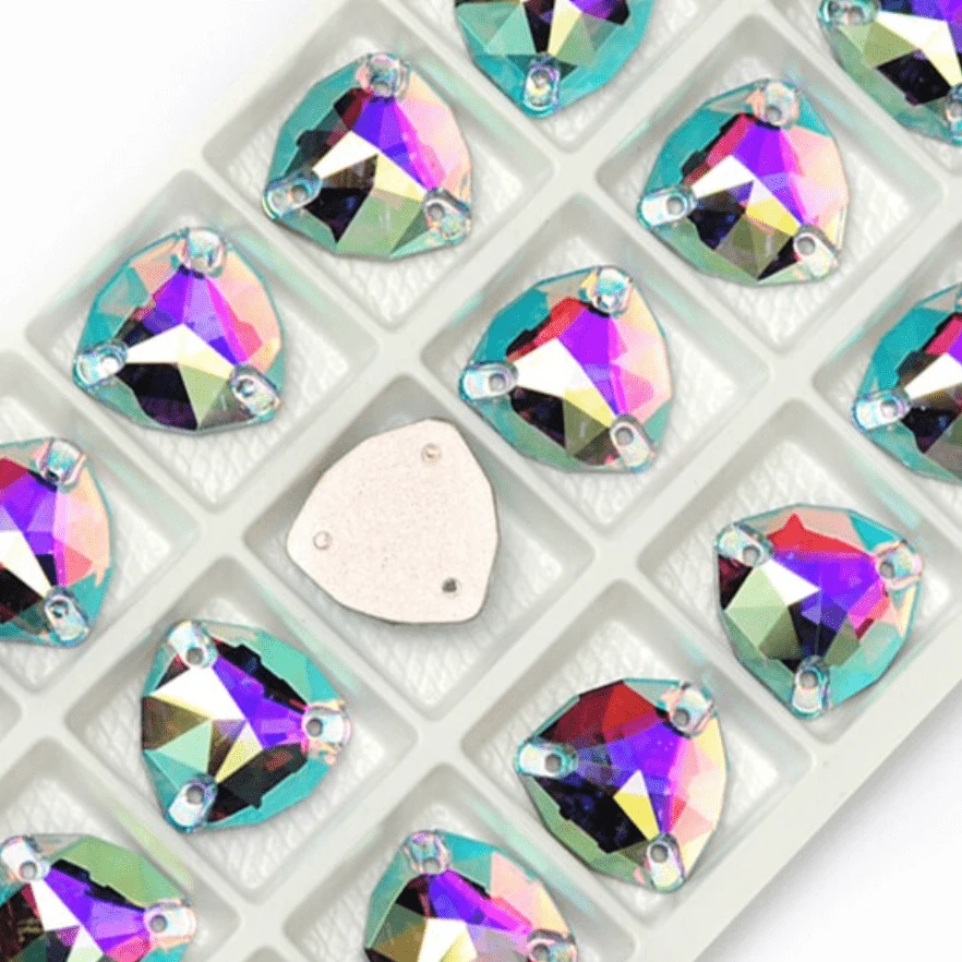 12mm Aquamarine AB Fat Triangle Trillion, Sew on, Fancy Glass Gems (Sold in Pair) Fancy Glass Gems