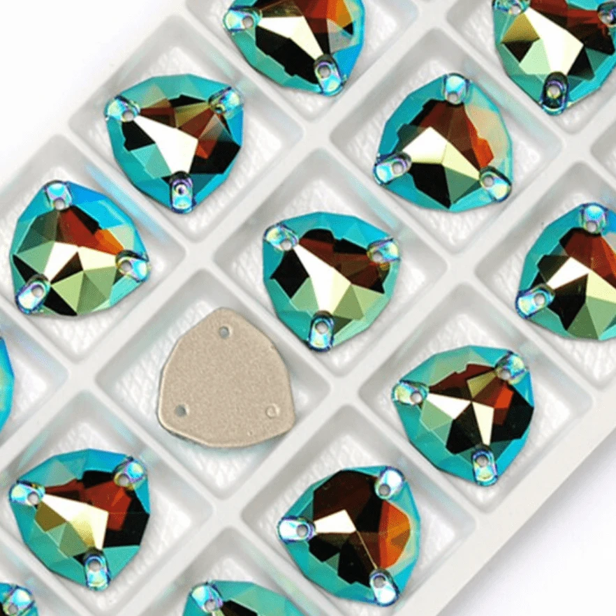 12mm Emerald AB Fat Triangle Trillion, Sew on, Fancy Glass Gems (Sold in Pair) Fancy Glass Gems