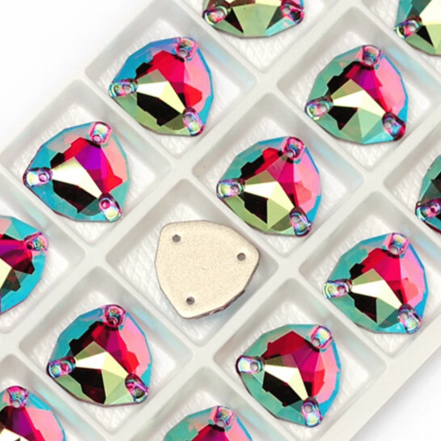 12mm Fuchsia Pink AB Fat Triangle Trillion, Sew on, Fancy Glass Gems (Sold in Pair) Fancy Glass Gems