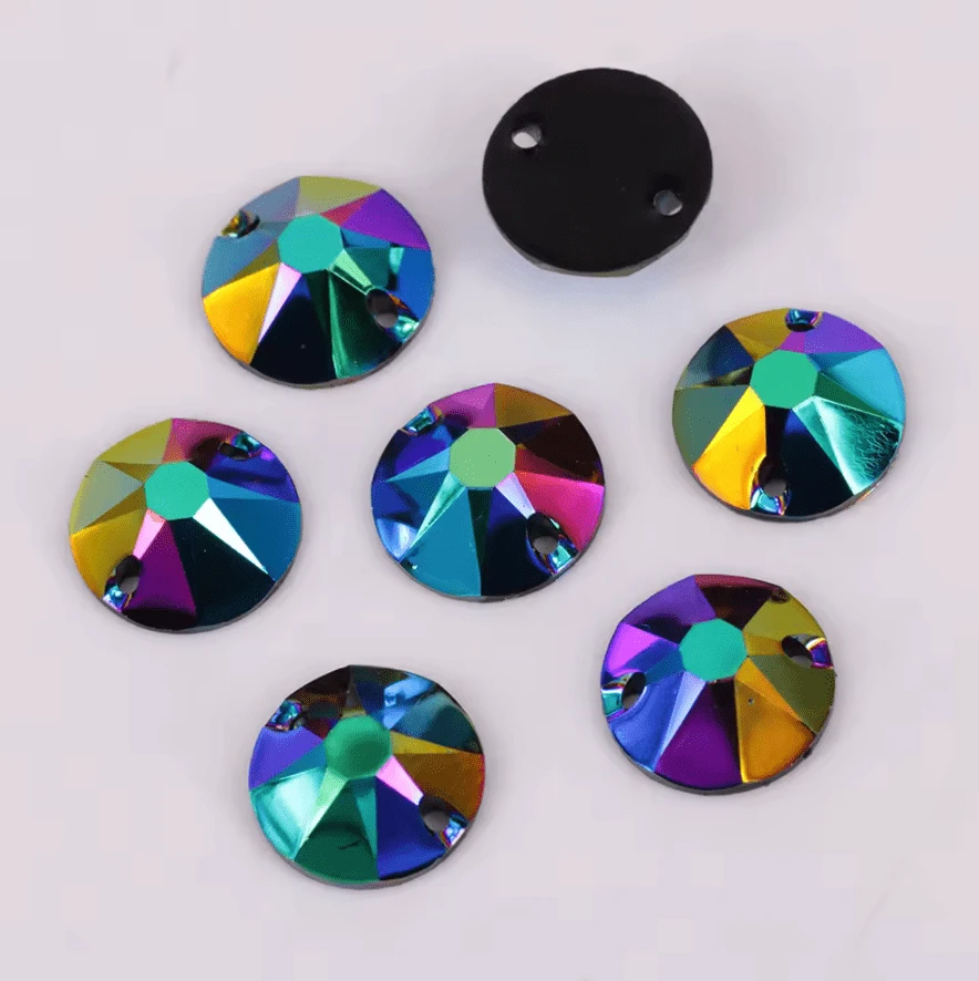 12mm Green/Blue Iris AB, in Rivoli, Sew on, Black AB Resin Gems (Sold in Pair) Resin Gems