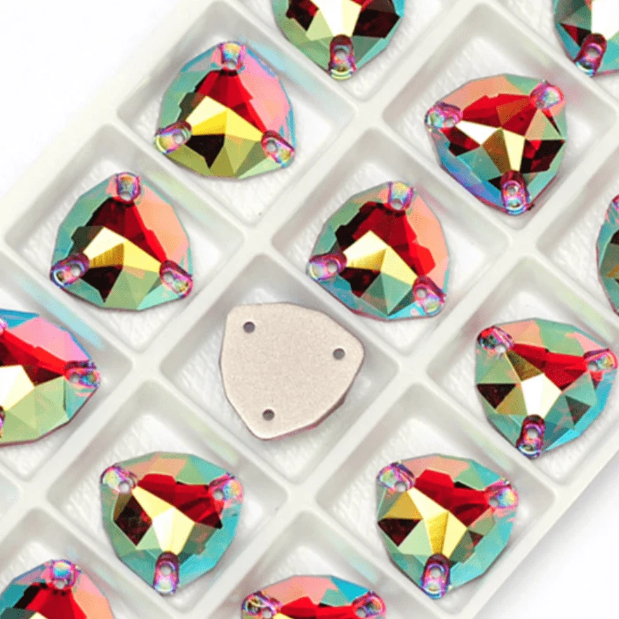 12mm Siam Red AB Fat Triangle Trillion, Sew on, Fancy Glass Gems (Sold in Pair) Fancy Glass Gems