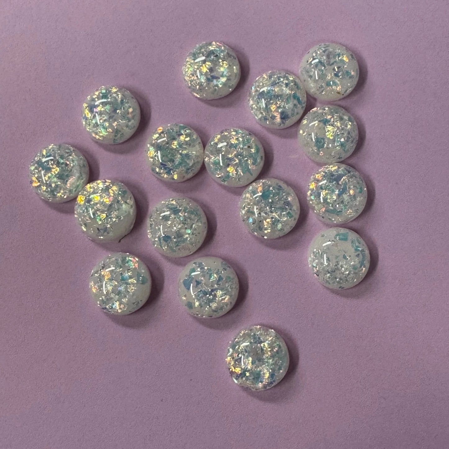 12mm - White with GOLD foil 12mm WHITE with Built-in AB Foil, Round Dome, Glue-on, Resin Gem (Sold in Pair) Resin Gems