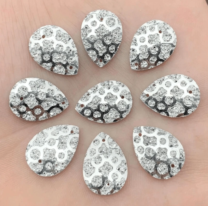 Silver Metallic Droplet 13*18mm Silver Droplet Textured Teardrop, Sew on, Resin Gems (Sold in Pair) Resin Gems