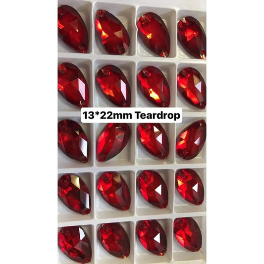 13*22mm Bright Siam Red Teardrop, sew on, Fancy Glass Gems (Sold in Pair) Glass Gems