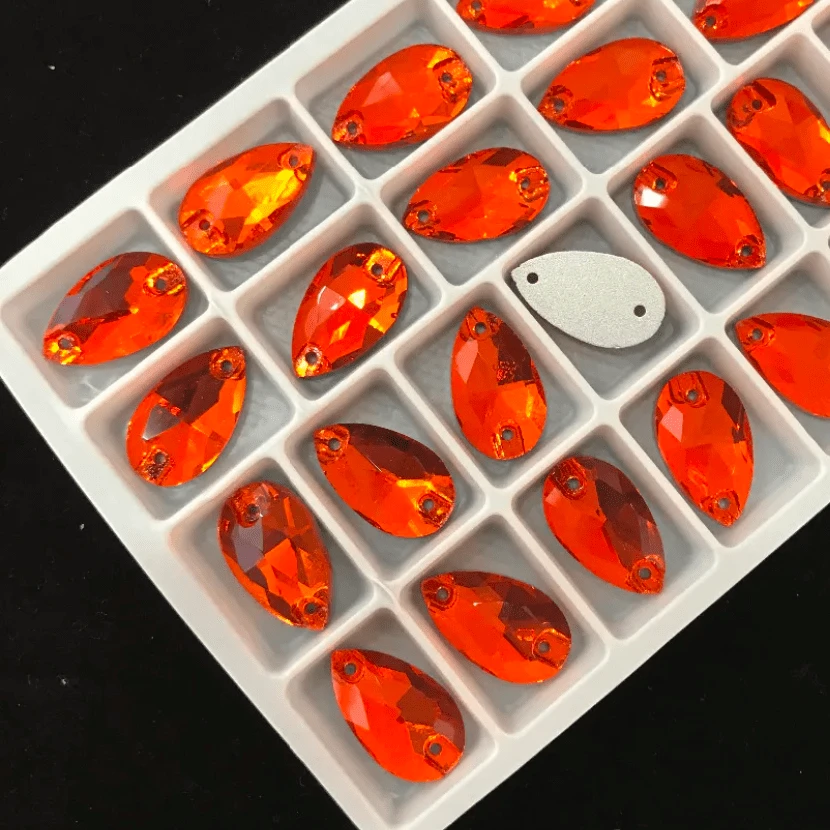 13*22mm Hyacinth Orange Teardrop, Sew on, Glass Gem (Sold in Pair) Glass Gems