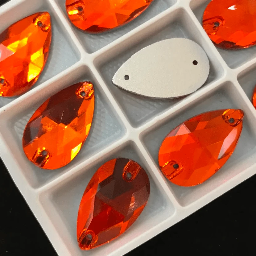 13*22mm Hyacinth Orange Teardrop, Sew on, Glass Gem (Sold in Pair) Glass Gems