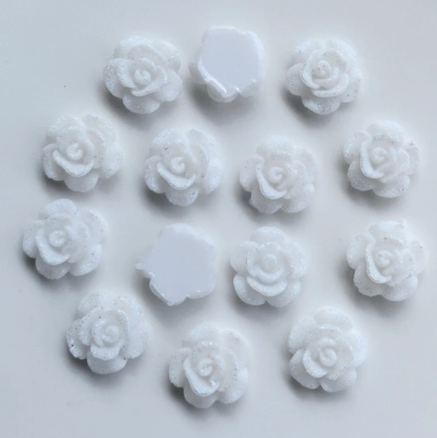 13mm White Frosted AB Roses Floral Flat Back Glue On Resin Gem (Sold in Pair) Resin Gems