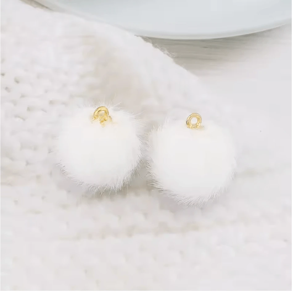 White Pompom 15mm Small Plush Fur Covered Ball Charms DIY Pompom Tassel Earring Finding, (10 piece) Earring Findings