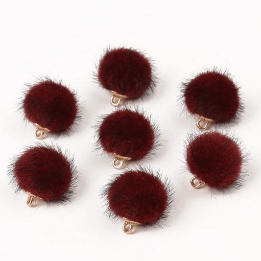 Burgundy Pompom 15mm Small Plush Fur Covered Ball Charms DIY Pompom Tassel Earring Finding, (10 piece) Earring Findings