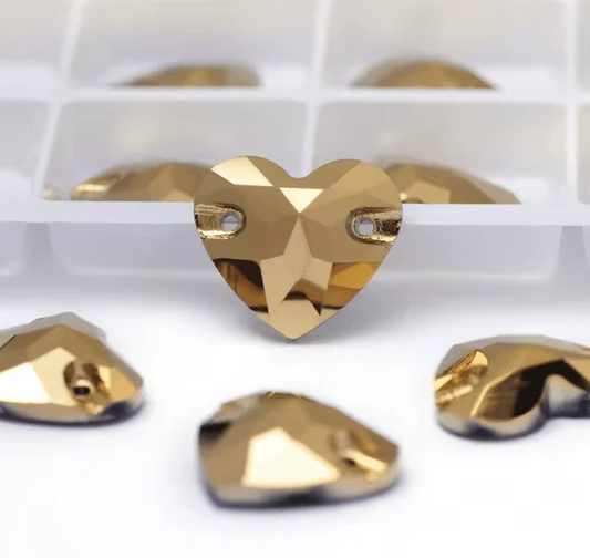 16mm Gold Heart, Sew on, Fancy Glass Gems (Sold in Pair) Fancy Glass Gems