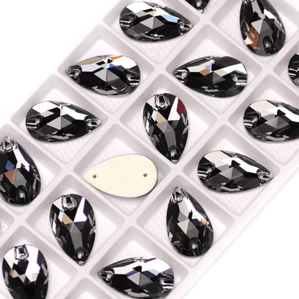 17*28mm Black Diamond Grey Teardrop, Sew on, Fancy Glass Gem (Sold in Pair) Fancy Glass Gems