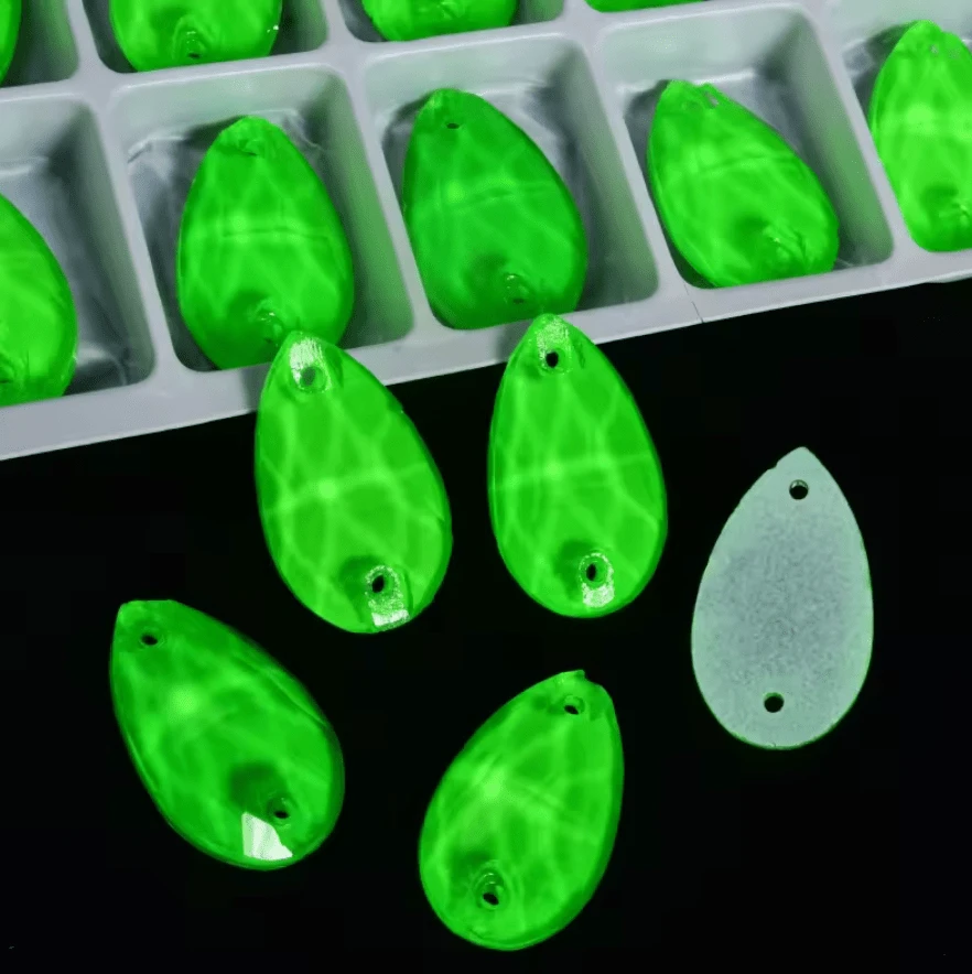 17*28mm Green NEON White Bottom Teardrops, *Black light sensitive/Glow* Sew on, Glass Gems (Sold in Pair) Fancy Glass Gems