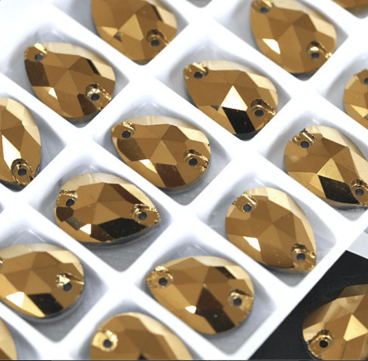 17*28mm Hematite Gold Metallic Teardrop, Sew on, Glass Gems (Sold in Pair) Glass Gems