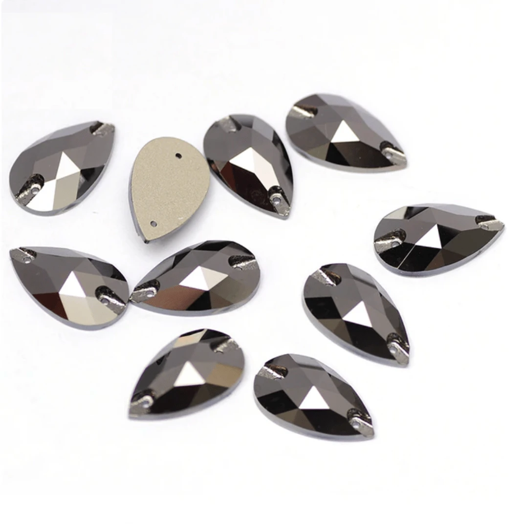 17*28mm Jet Hematite Grey Teardrop, Sew on, Fancy Glass Gem (Sold in Pair) Fancy Glass Gems