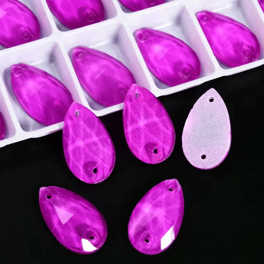 17*28mm Purple NEON White Bottom Teardrops, *Black light sensitive/Glow* Sew on, Glass Gems (Sold in Pair) Fancy Glass Gems