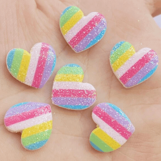 17mm Striped Ombre Pastel Glitter Rainbow Hearts, Glue On, Resin Gem (Sold in Pair) Resin Gems