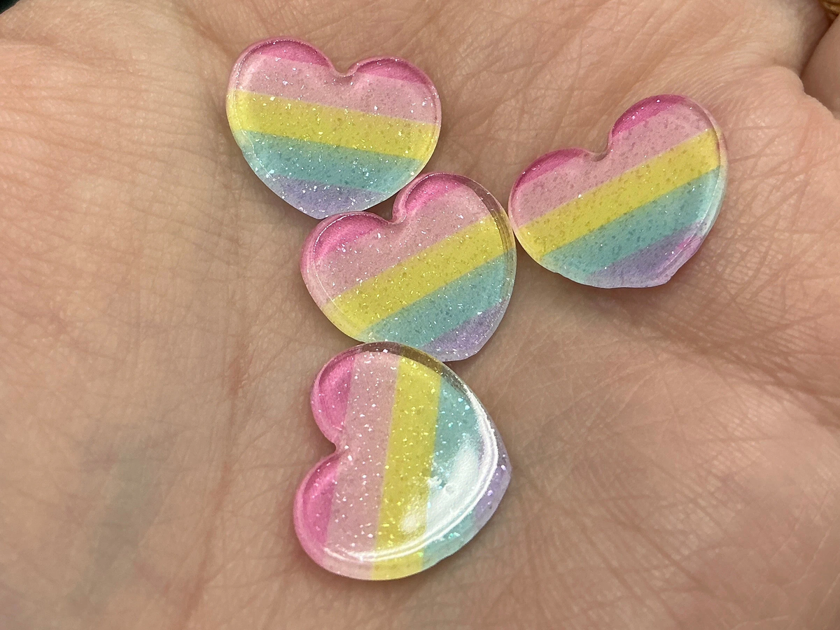 15mm Striped Pastel Glitter Rainbow Hearts Acrylic, Glue On, Resin Gem (Sold in Pair) Resin Gems
