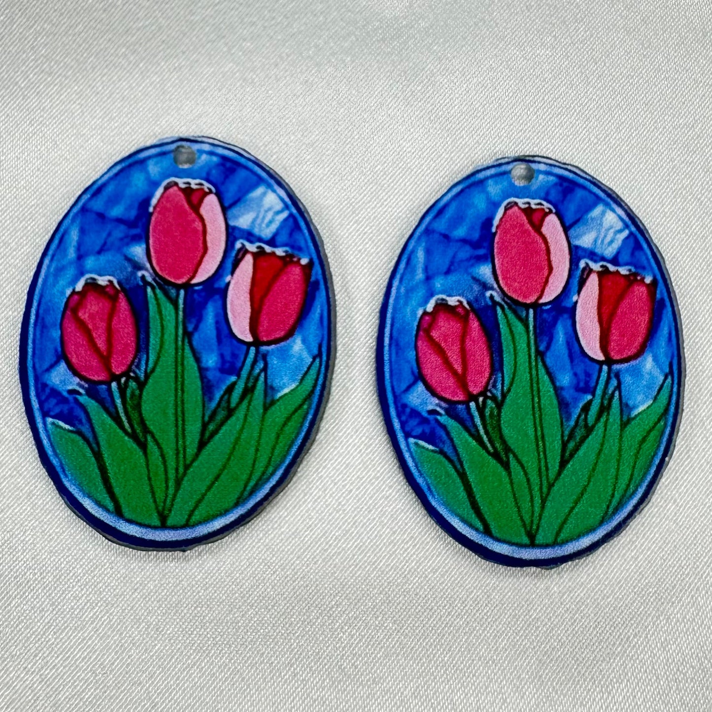 28*38mm Tulip Floral , One Hole Printed Resin Gem (Sold in pair) (Vintage) Resin Gems