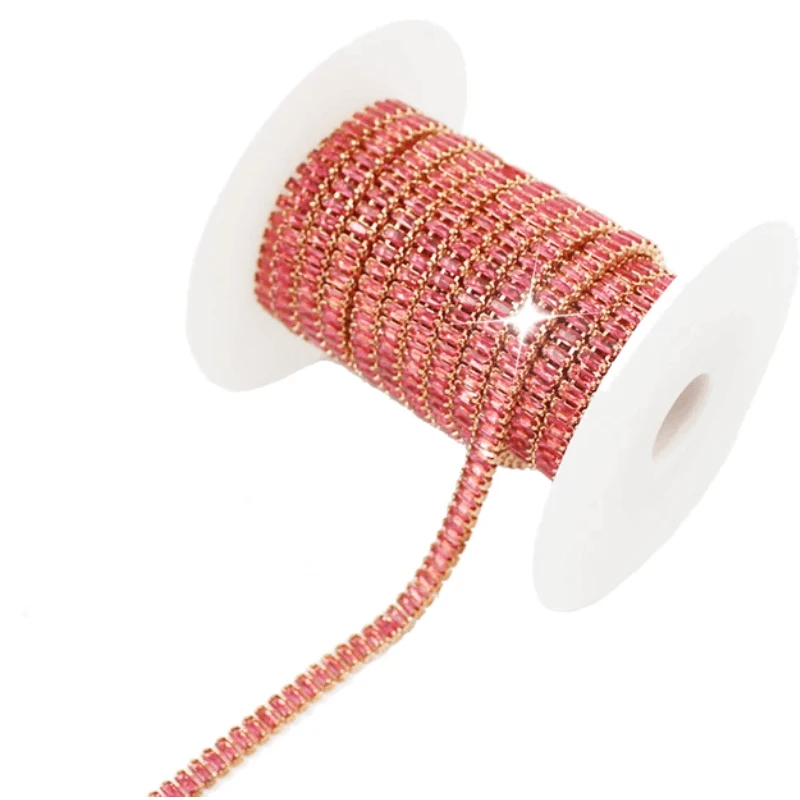 2*4mm Pink RECTANGLE STONE with Gold Rhinestone Metal Chain, Sold in 18" *RARE* SS6 Metal Rhinestone Chain