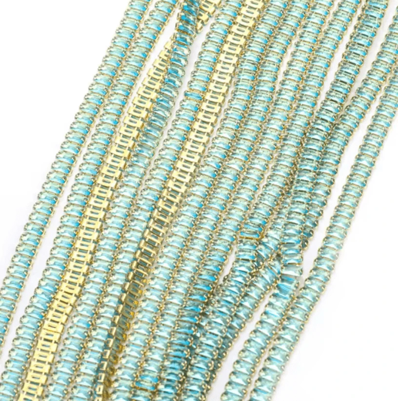 2.5*5mm Aqua RECTANGLE STONE with Gold Rhinestone Metal Chain, Sold in 18" *RARE* SS6 Metal Rhinestone Chain