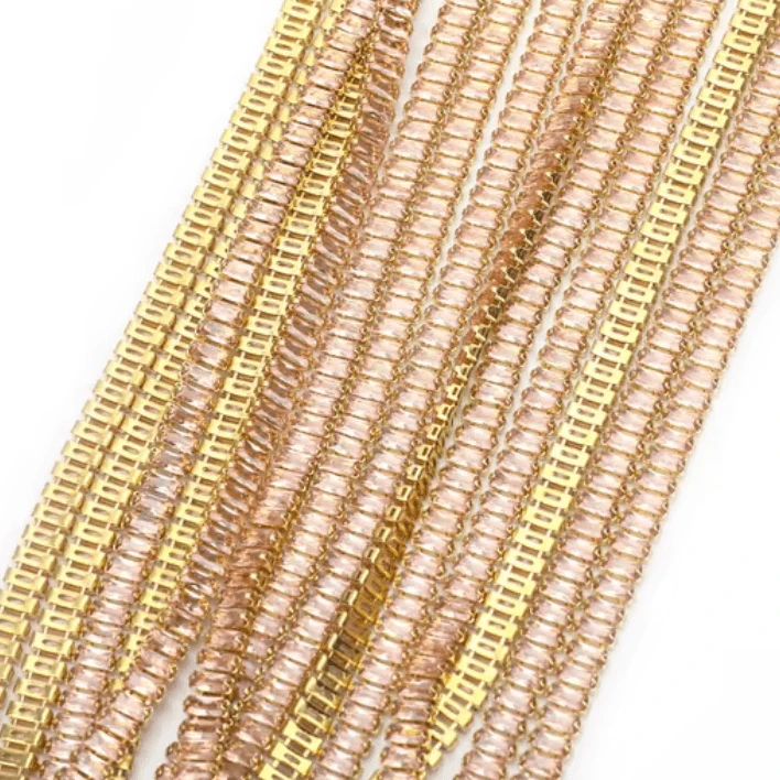 2.5*5mm Peach Silk RECTANGLE STONE with Gold Rhinestone Metal Chain, Sold in 18" *RARE* SS6 Metal Rhinestone Chain
