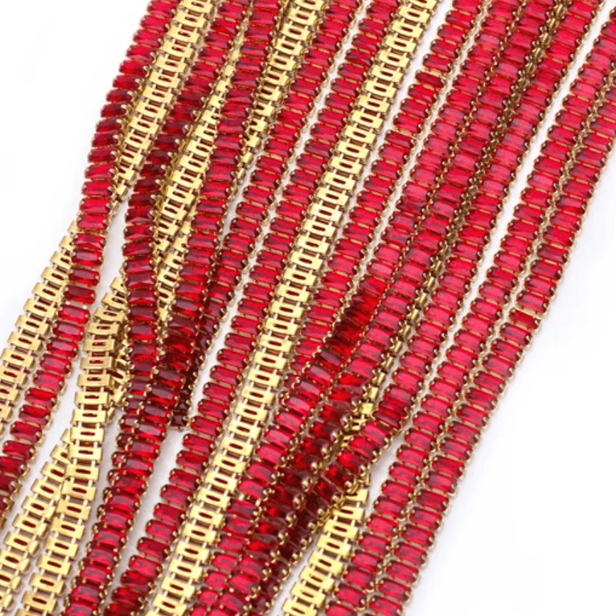 2.5*5mm Red RECTANGLE STONE with Gold Rhinestone Metal Chain, Sold in 18" *RARE* SS6 Metal Rhinestone Chain