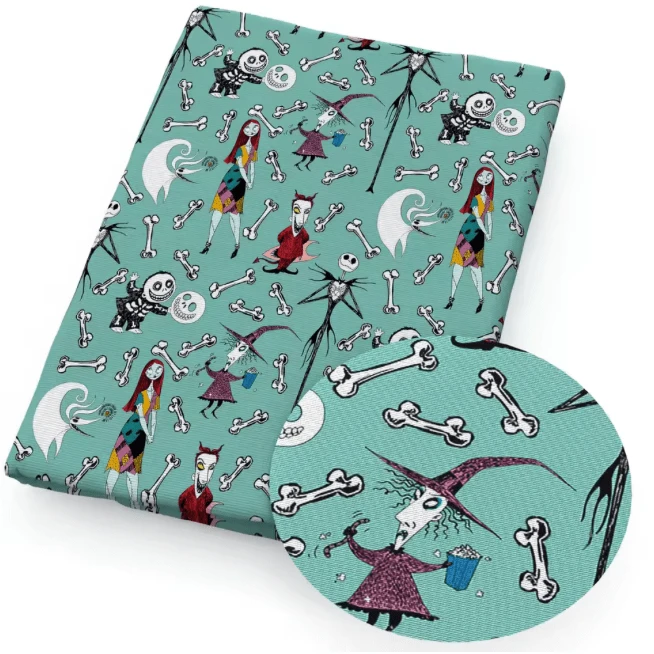 20*30cm Jack, Sally, Bones on Teal Cartoon Smooth Texture Finish, Leatherette Sheet Basics