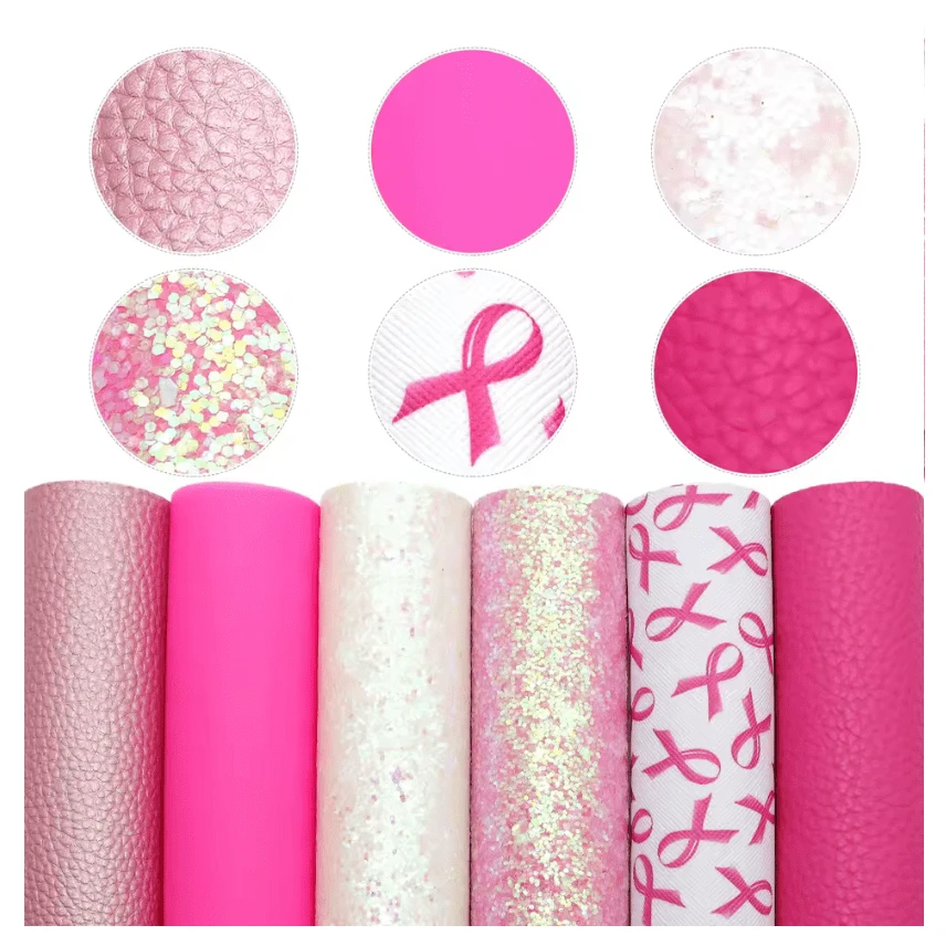 20*33cm Pink Breast Cancer Awareness - 6 Full Sized Sheet Set with Various Textures Leatherette Sheets *SET*, Bulk Buy Promotions Leather & Vinyl