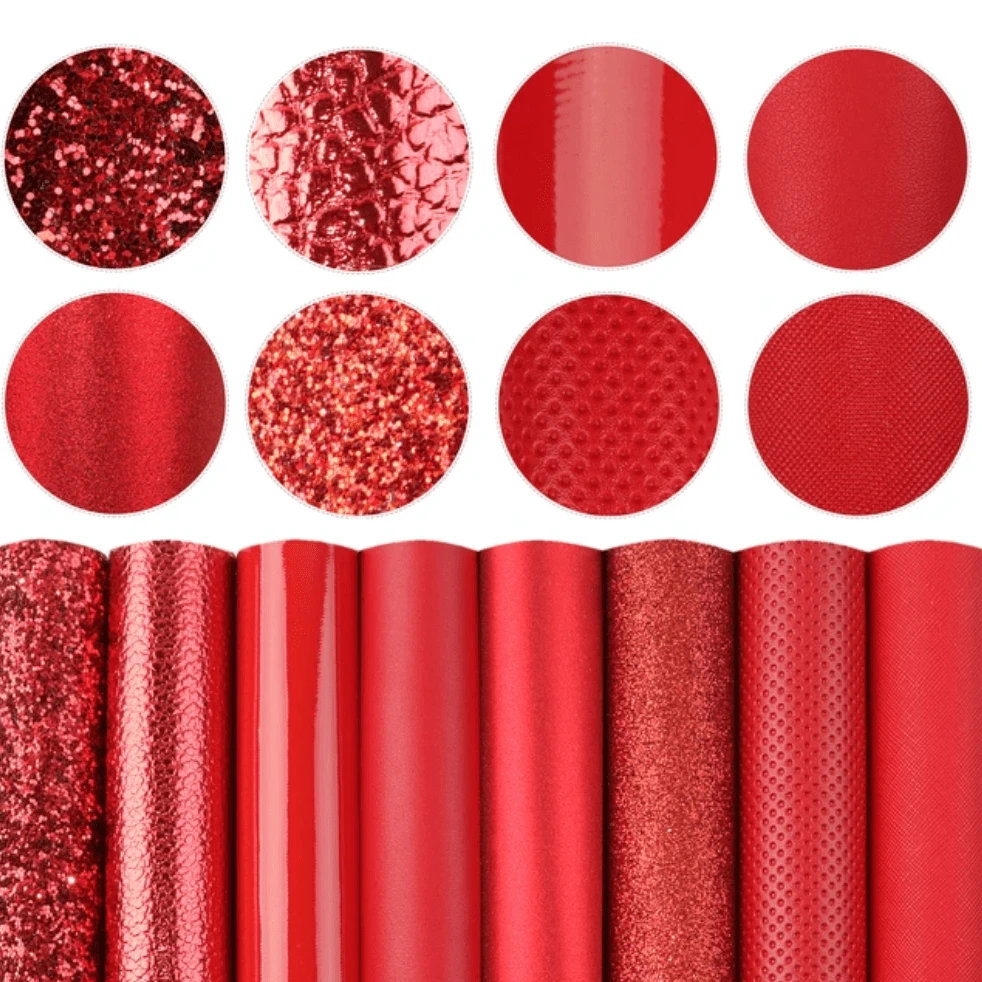 20*33cm Red Mix - 8 Full Sized Sheet Set with Various Textures Leatherette Sheets *SET*, Bulk Buy Promotions Leather & Vinyl