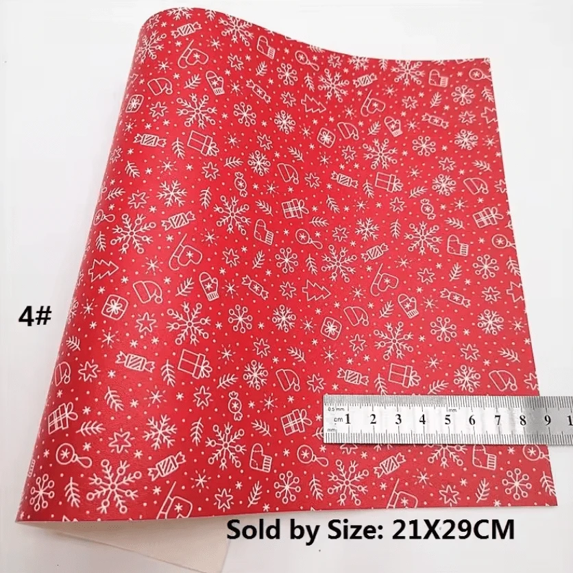 21*29cm White Snowflakes on Red Leather Smooth Long Leatherette Sheet Leather & Vinyl