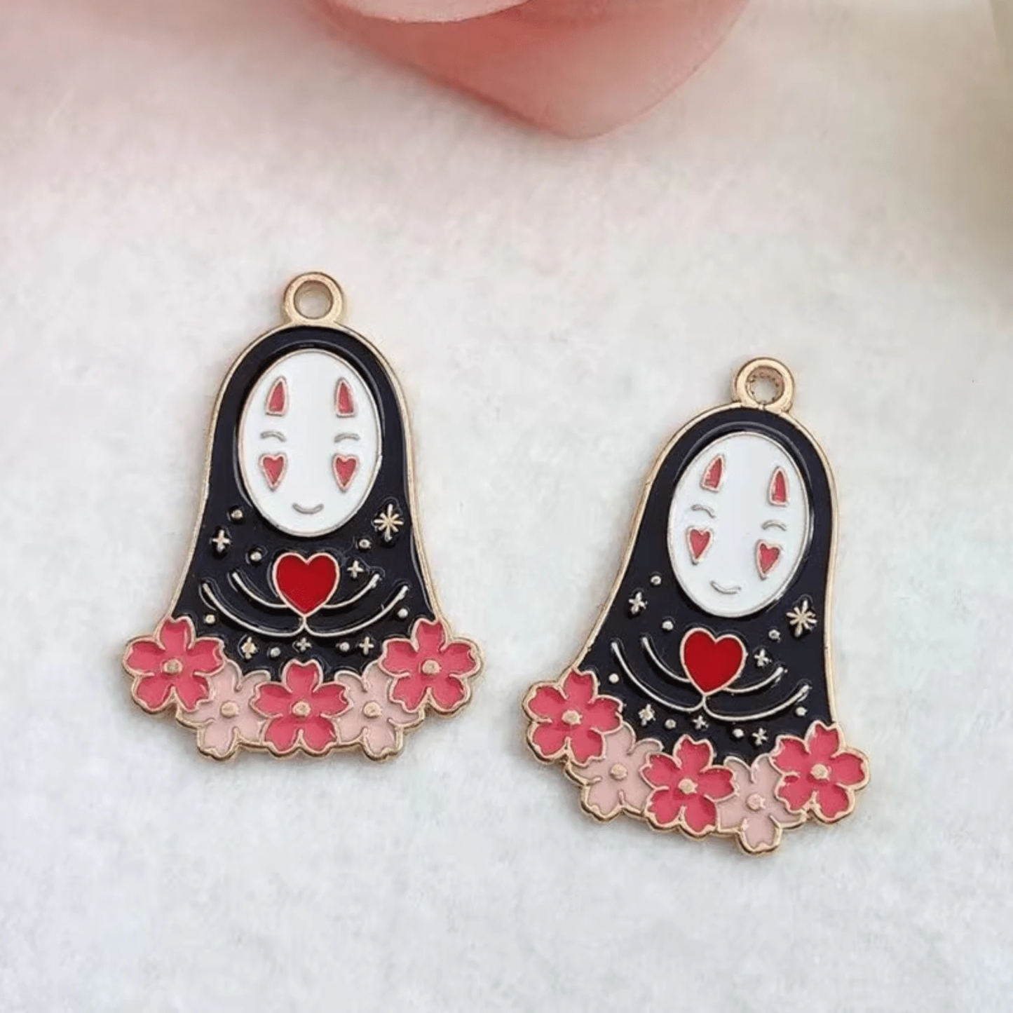 23*33mm No-Face Spirited Away with Cherry Blossoms Cartoon Anime Charm, Hole on top, Resin Gem, (Sold in Pair) Basics
