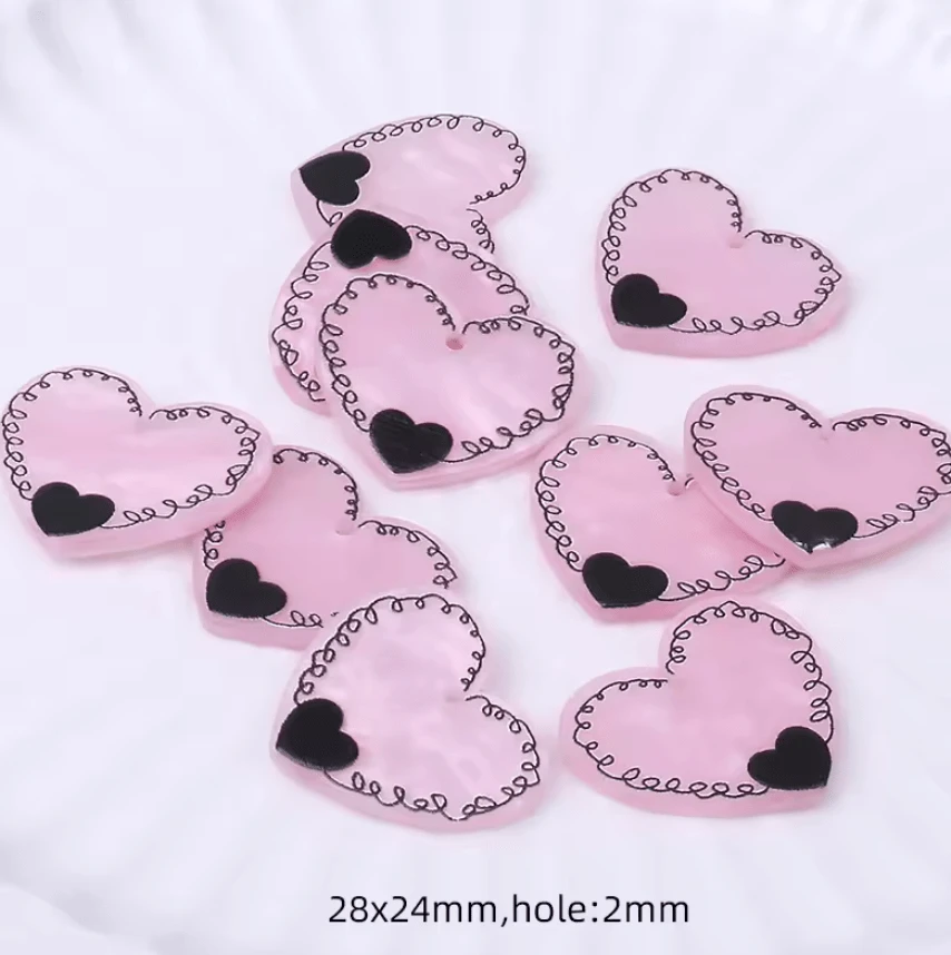 24*28mm Heart Doodle in Black on Pink Heart, One Hole, Acrylic Charm Resin Gems (Sold in pair) Resin Gems