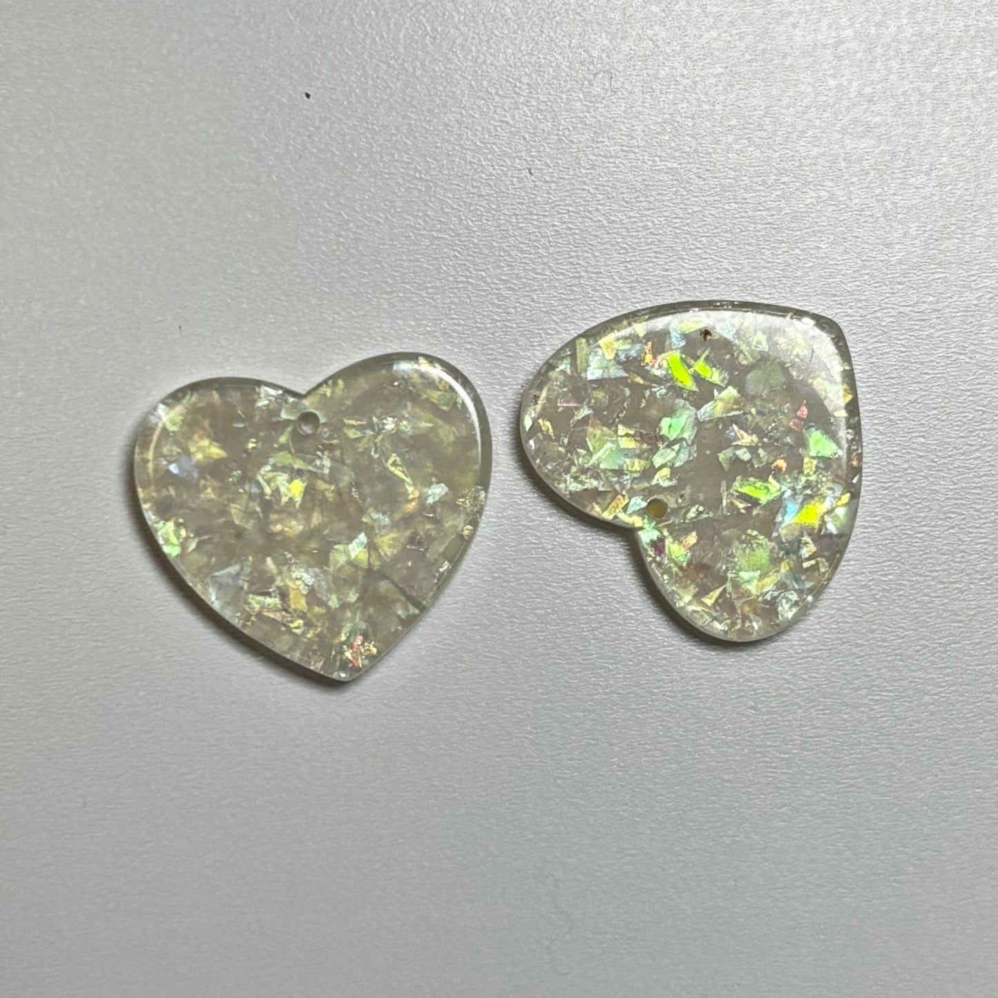 24*28mm White Clear Hearts Holographic Foil in Transparent Heart One Hole Charm, Glue on, Resin Gem, (Sold in Pair)