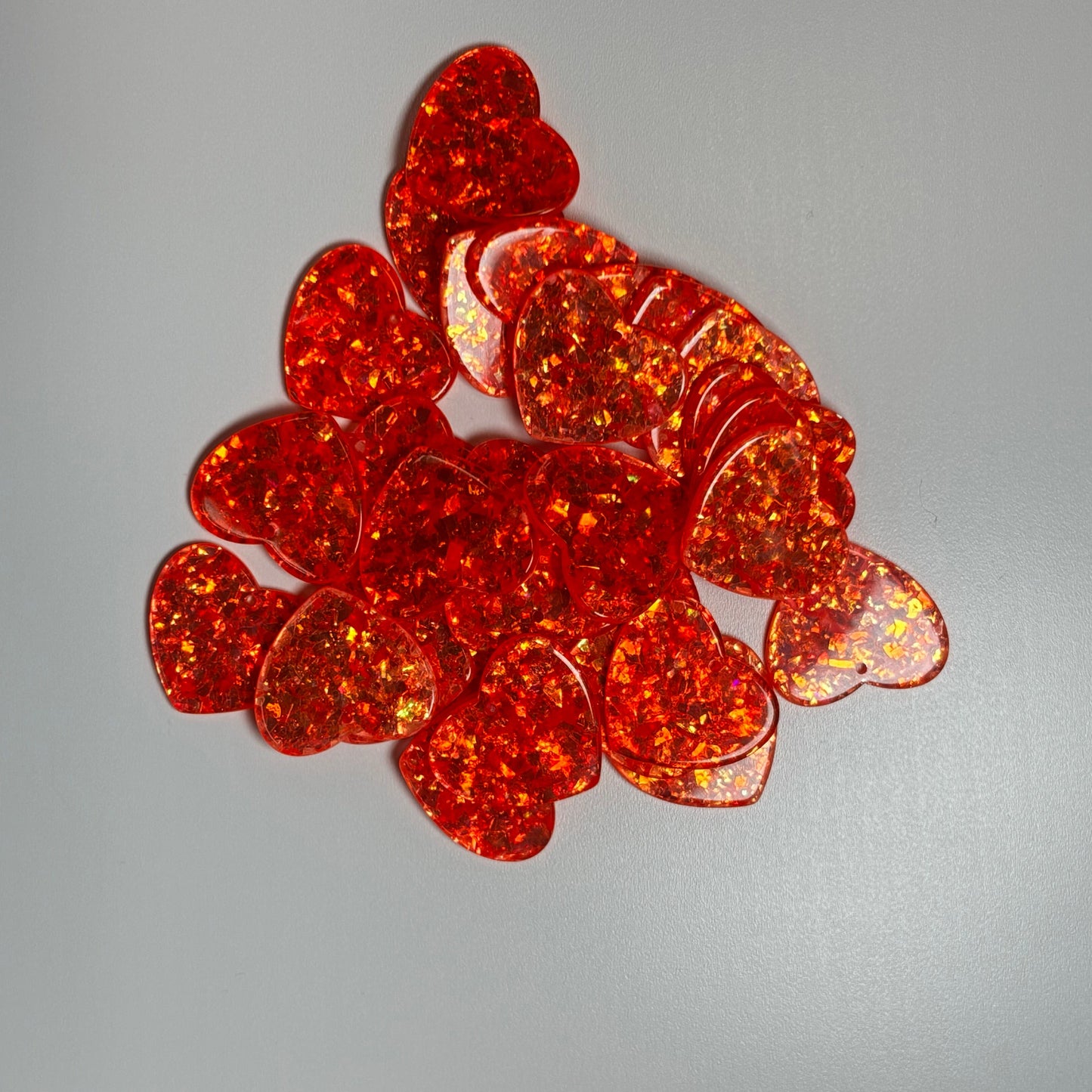 24*28mm Orange Hearts Holographic Foil in Transparent Heart One Hole Charm, Glue on, Resin Gem, (Sold in Pair)
