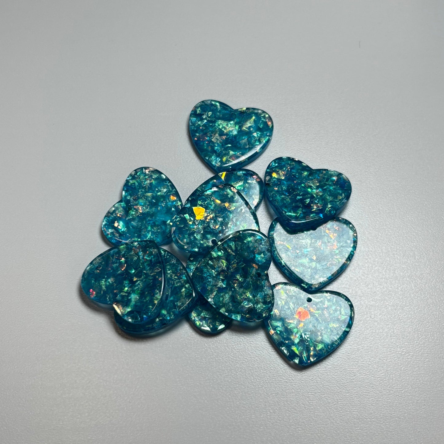 24*28mm Blue Hearts Holographic Foil in Transparent Heart One Hole Charm, Glue on, Resin Gem, (Sold in Pair)