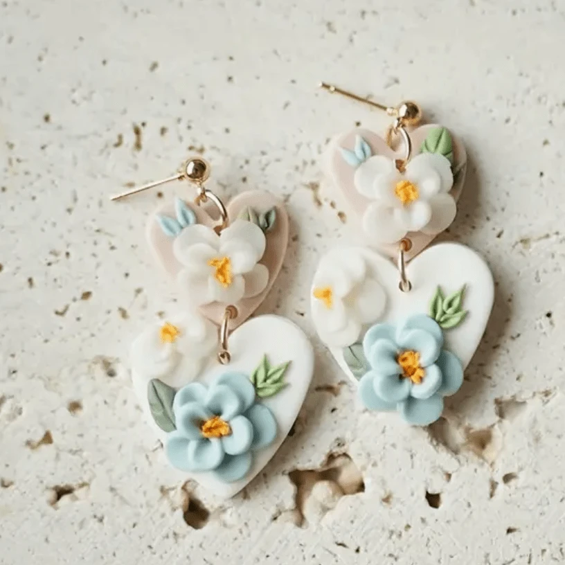 25*45mm Pink/White Flowers in Double Hearts Clay Earrings, Promotions Promotions