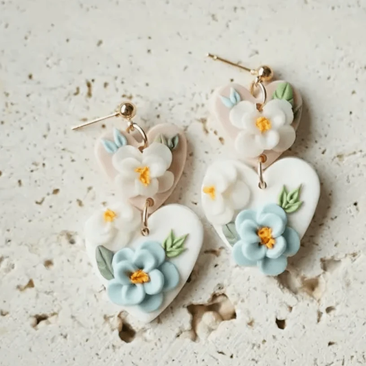 25*45mm Pink/White Flowers in Double Hearts Clay Earrings, Promotions Promotions