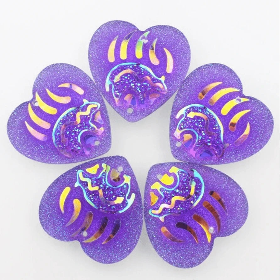 25mm Purple AB with Bear Design HEART Shaped Sew on Resin Gem (Sold in Pair) Resin Gems