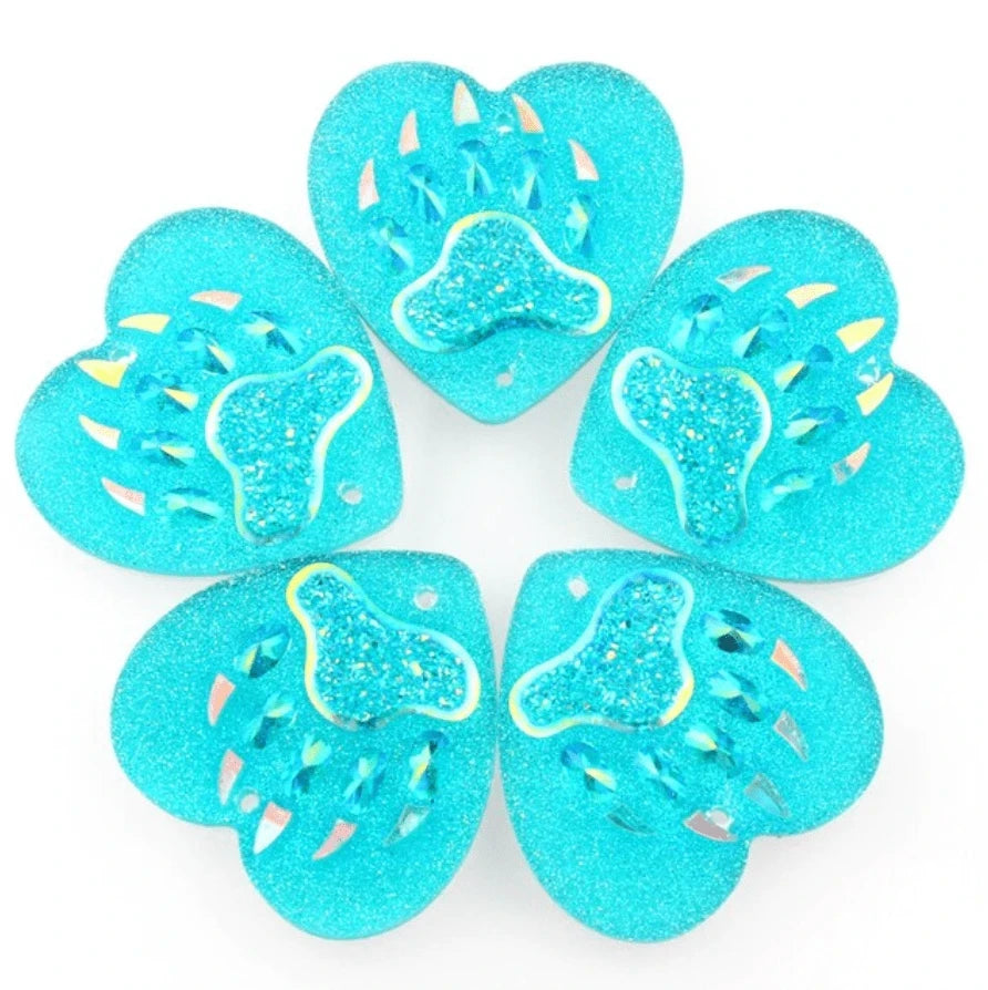 25mm Aqua AB Heart Bear Paw Design HEART Shaped Sew on Resin Gem (Sold in Pair) Resin Gems