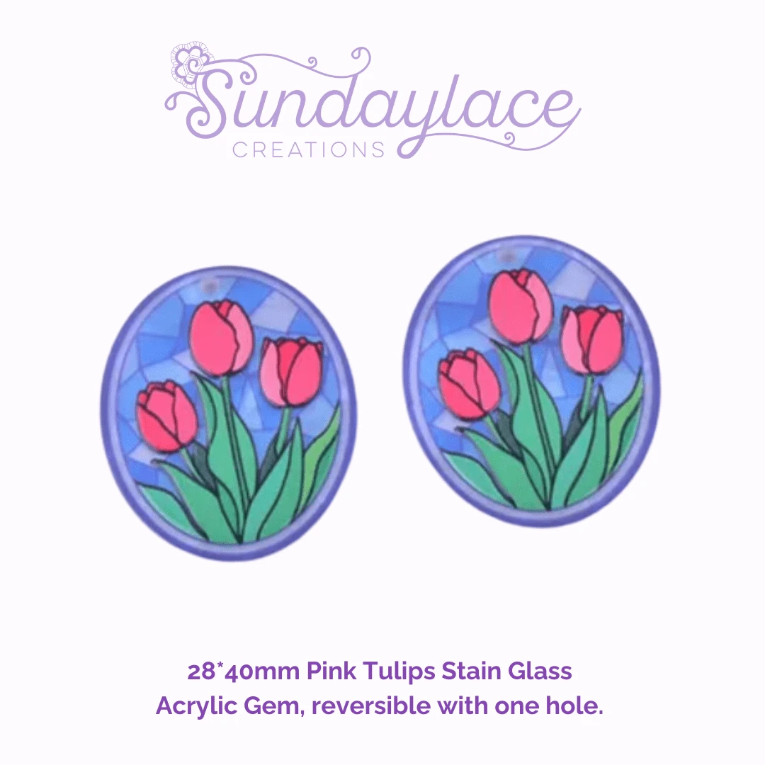 28*40mm Pink Tulips Stain Glass Acrylic Gem, Reversible Sew on, Large Acrylic Resin Gem (Sold in Pair) Resin Gems